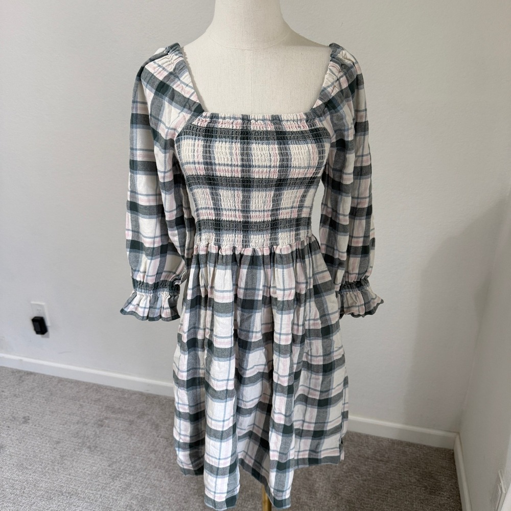 Madewell Lucie Plaid Smocked Shirred Square Neck Midi Dress Small Cottage Prarie - Picture 1 of 10